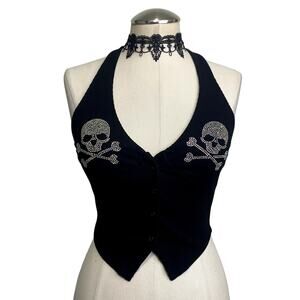 Punk/ Gothic Bedazzled Embellished Flattering Cropped Halter Button Down Top XS